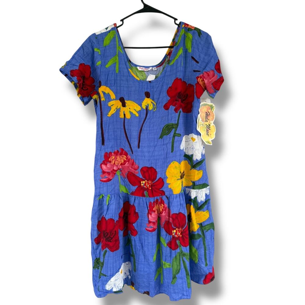 NWT Hula Moon Jams World Hawaiian Floral Blue Dress M Short Sleeve Blue Floral